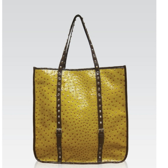 Galian Ostrich Print HAndbag Studded Mustard Bag - Picture 1 of 6